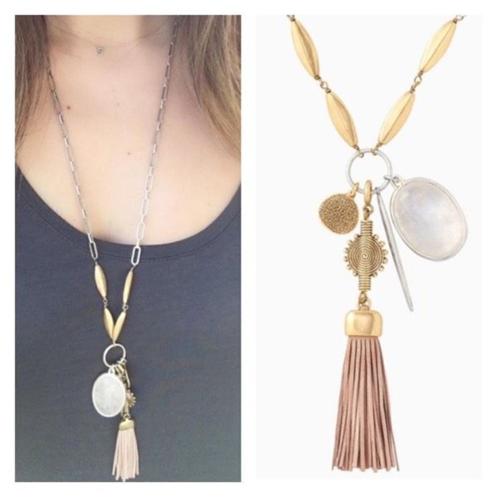 Stella & Dot Victoria Pendant Necklace Tassel & Charms 2 In 1 Gold & Silver
